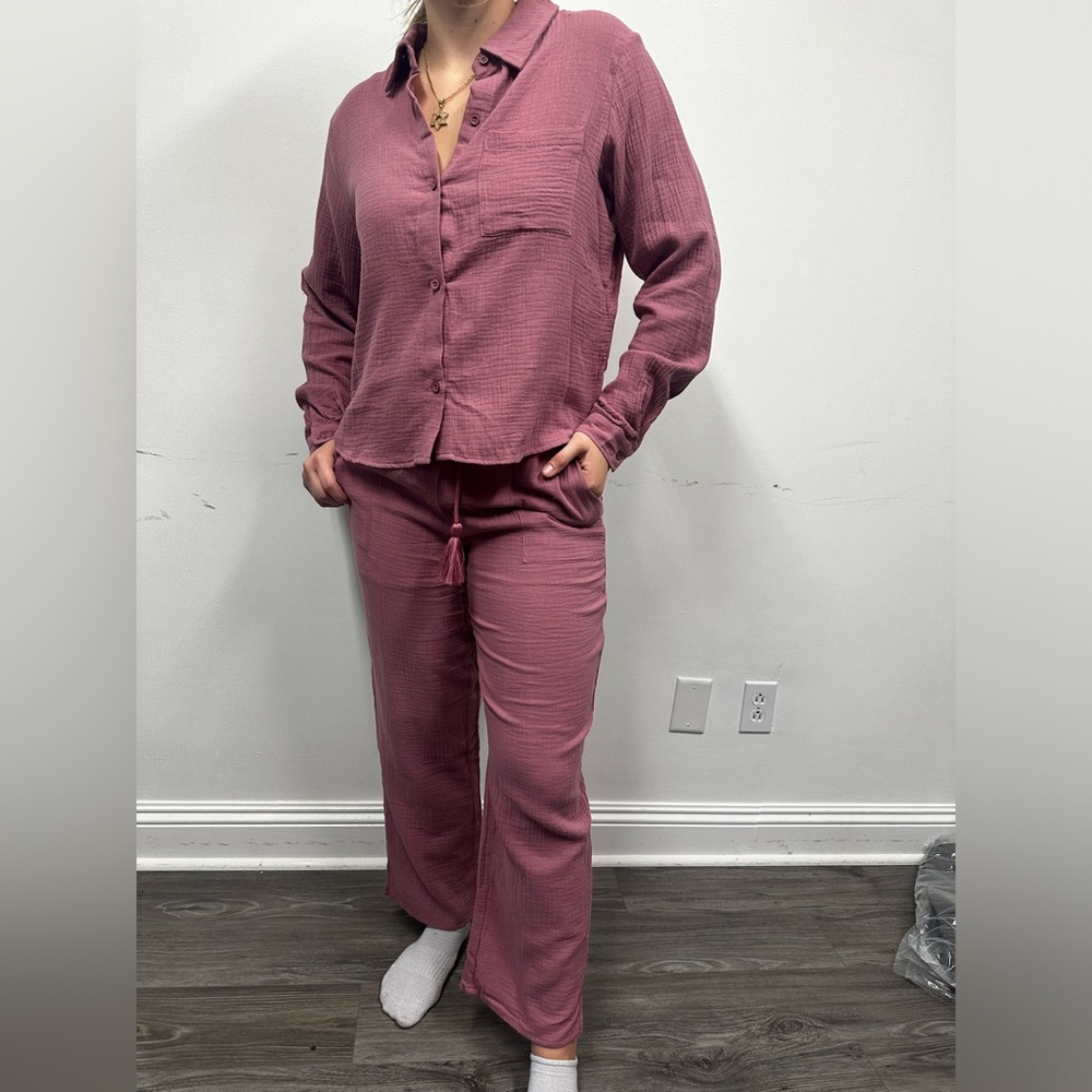 Cotton boho mauve button down and tie pants set